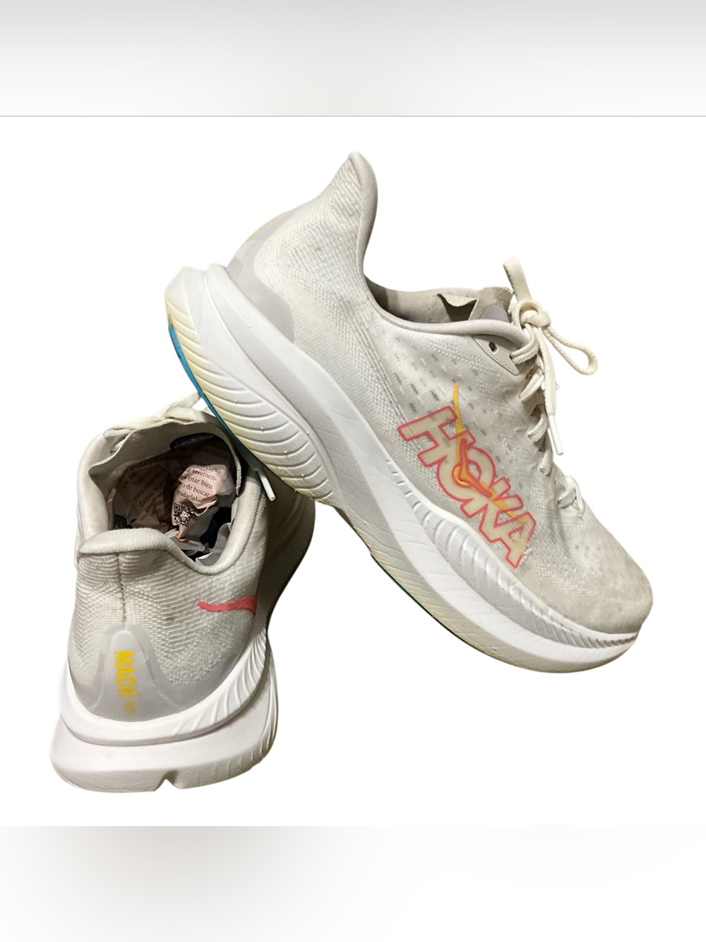 Hoka White Running Shoes with Pink and Yellow Logo, Women’s size 11B